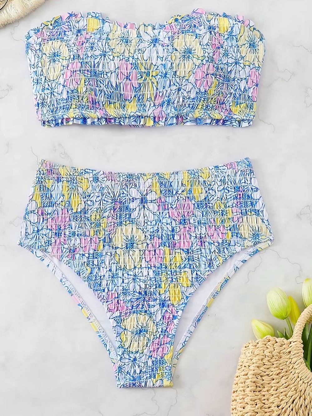 Blue Floral Smocked Bandeau Bikini Set